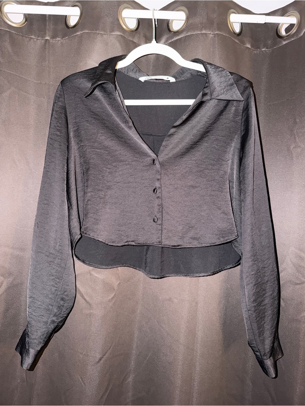 Zara Black Satin-Look Cropped Button Front Top